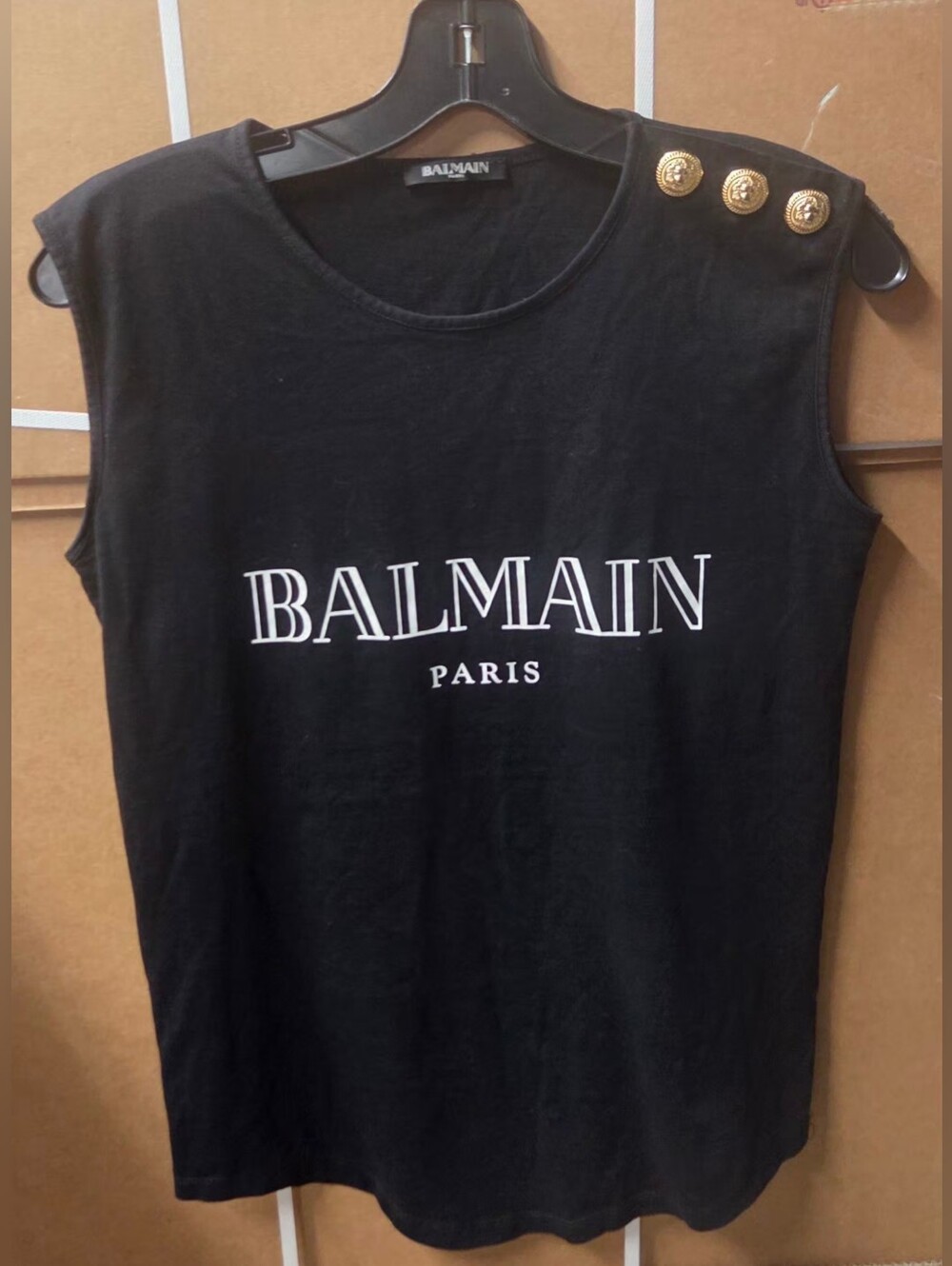 Balmain Black Logo Tank with Gold Medallion Buttons